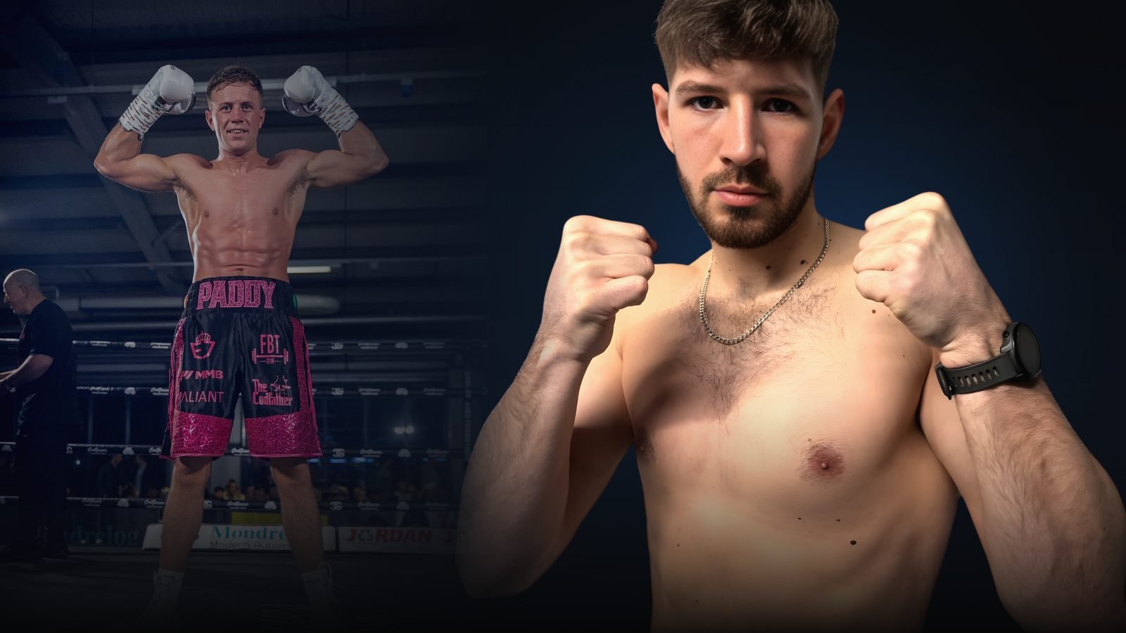Composite portrait of Paddy and Liam Walsh in fighting poses under blue arena light