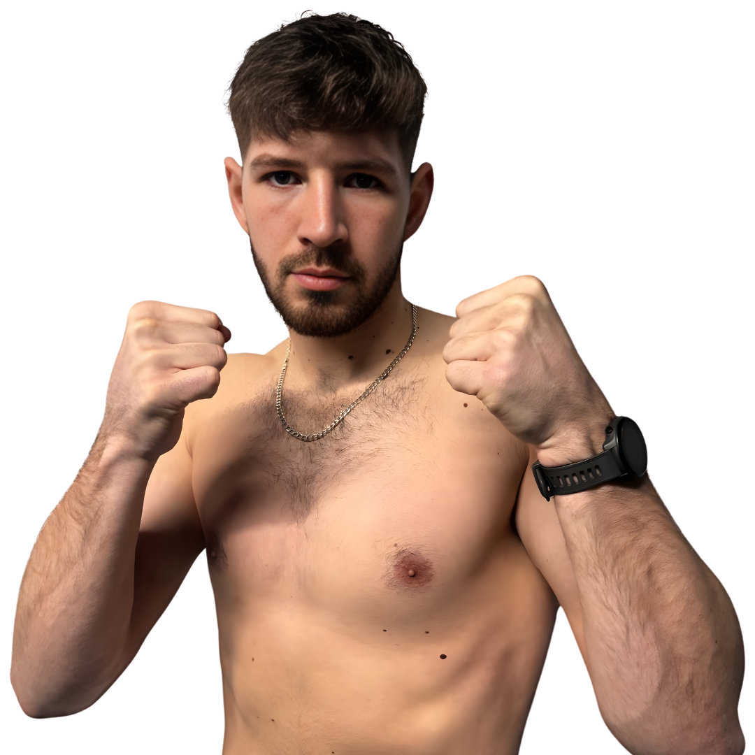 Studio portrait of Liam Walsh with fists raised